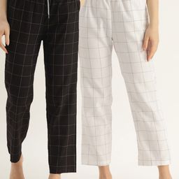 Kryptic Women Pack Of 2 BLack & White Checked Pure Cotton Lounge Pants-picture-41