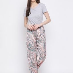 Oxolloxo Women Pink & Blue Paisley Printed Satin Lounge Pants-image-97