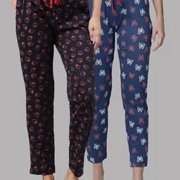 Kryptic Women Pack of 2 Blue & Black Printed Mid Rise Cotton Lounge Pants-image-80