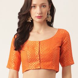 Studio Shringaar Women Orange & Golden Woven Design Saree Blouse-image-82
