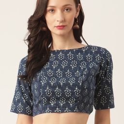 Studio Shringaar Women Navy Blue & Off-White Printed Pure Cotton Saree Blouse-image-45
