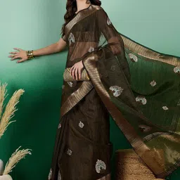 Sangria Ethnic Motif Embroidered Zari Woven Khadi Saree with Blouse-33
