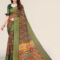 Winza Designer Green & Red Kalamkari Zari Pure Chiffon Saree-image-79