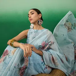 Sangria Floral Printed Embellished Linen Blend Saree-24