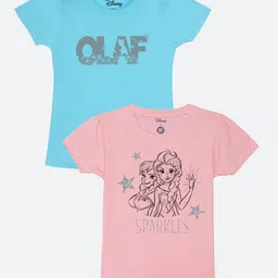 YK Disney Girls Pack of 2 Blue & Pink Printed Pure Cotton T-shirt-image-67