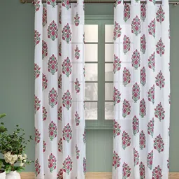 HOMEMONDE Pink & Green 2 Pieces Floral Sheer Cotton Window Curtains-18