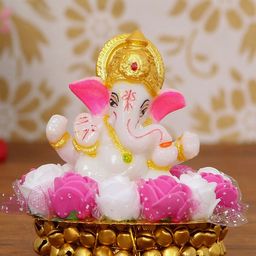 eCraftIndia White & Pink Handcrafted Lord Ganesha On Plate With Flowers Showpiece-3