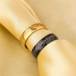 Yellow Chimes Men Set Of 2 Gold-Toned & Black Stainless Steel Lord of The Rings Finger Rings-1