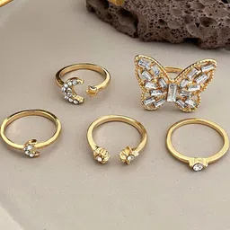 Jewels Galaxy Set Of 5 Gold Plated Crystals Studded Adjustable Finger Rings-image-11