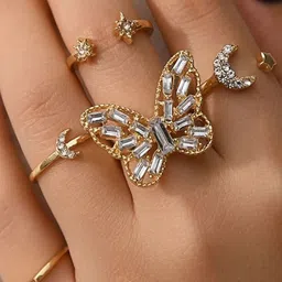 Jewels Galaxy Set Of 5 Gold-Plated Crystals Studded Adjustable Finger Ring-13