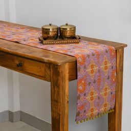 TARAN LIVING Grey & Purple Floral Printed Pure Cotton Rectangle Table Runner-56
