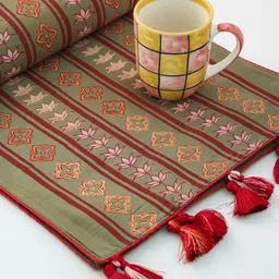 Eyaas Green & Red Printed Silk Blend Table Runner-36