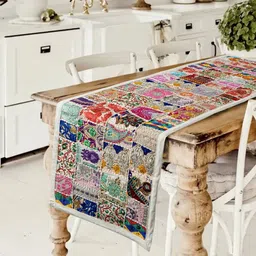 HANDICRAFT PALACE White Patchwork Khambadiya Table Runner-41