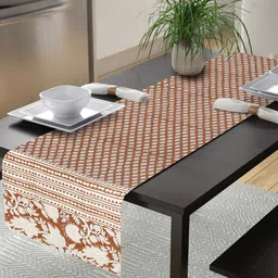 eyda Rust Colored & White Block Floral Print Cotton Linen Table Runner-picture-25