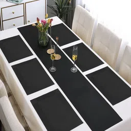 HOKIPO Black 7-Pieces Solid Rectangular Table Placemats & Table Runner-58