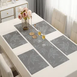 HOKIPO Grey 5-Pieces Floral Rectangular Table Placemats & Table Runner-14