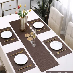 HOKIPO Brown 5-Pieces Solid Rectangular Table Placemats & Table Runner image 2