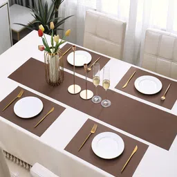 HOKIPO Brown 5-Pieces Solid Rectangular Table Placemats & Table Runner image 4