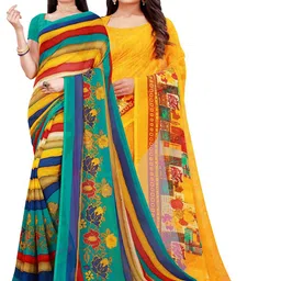 SAADHVI Yellow & Blue Pure Georgette Saree-image-26