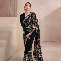 Inddus Floral Multi Thread and Sequins Embroidered Saree with Blouse Piece-image-33