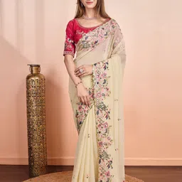 HERE&NOW Floral Embroidered Pure Georgette Saree-picture-12