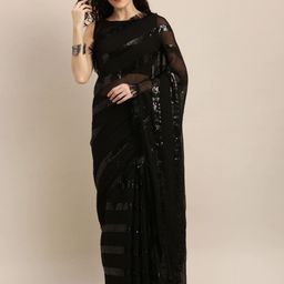 KULNAARI Striped Sequinned Poly Georgette Saree-image-0