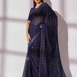 Mitera Blue & Gold-Toned Embellished Sequinned Pure Georgette Saree-picture-56