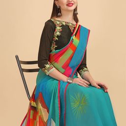 Sangria Sea Green & Red Printed Pure Georgette Saree-17