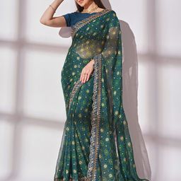 Mitera Teal Blue & Green Bandhani Printed Sequiend Pure Georgette Saree-image-45