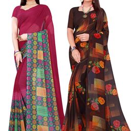 KALINI Black & Maroon Pack of 2 Floral Pure Georgette Saree-image-0