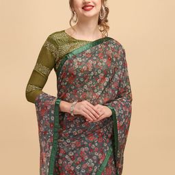 Sangria Olive Green & Red Floral Lace Saree-image-16