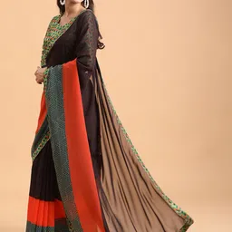Sangria Coffee Brown & Orange Pure Georgette Saree-picture-4