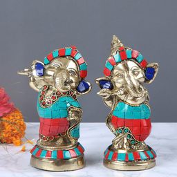 Aapno Rajasthan Set Of 2 Gold-Toned & Red Lord Ganesh Figurines With A Flute Showpieces-image-25