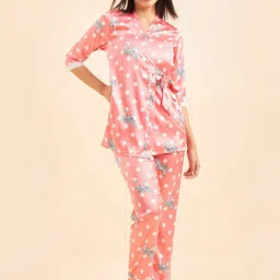Sweet Dreams Peach Colored Polka Dot Printed Satin Night suits-image-24