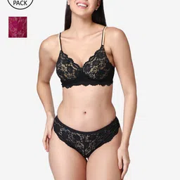 ABELINO Purple & Black Set of 2 Padded Bridal Lace Lingrie Sets SETLEO2PCBLACKPURPLE-image-21