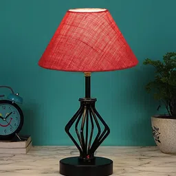 Devansh Pink & Black Textured Jute Table Lamp With Iron Base image 2