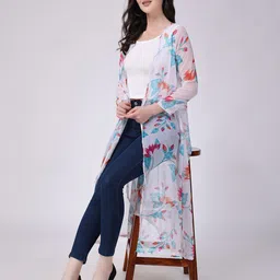 SCORPIUS Floral Printed Sheer Longline Open Front Shrug-34