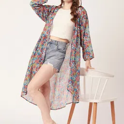 Moomaya Floral Printed Longline Swimwear Cover up Shrug-image-91