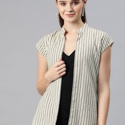 Cottinfab Striped Mandarin Collar Cotton Open Front Shrug-7