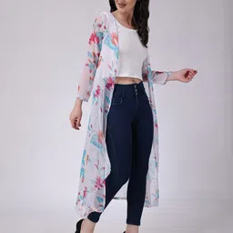 SCORPIUS Floral Printed Sheer Longline Open Front Shrug image 4