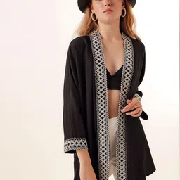 BIGDART Embroidered Open Front Long Sleeves Longline Shrug image 5