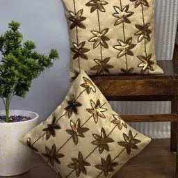 Alina decor Beige & Gold-Toned Set of 2 Embellished Square Cushion Covers-22