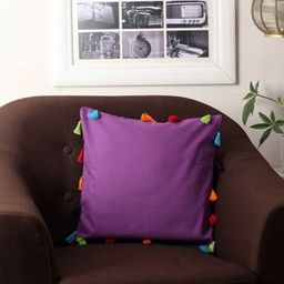 Lushomes Purple & Orange Square Pure Cotton Cushion Covers with Pompom-13