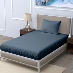 LINENWALAS Happy Sleeping Navy Blue 300 TC Single Cotton Bedsheet with 1 Pillow Covers-picture-23