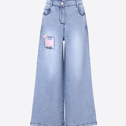 CUTECUMBER Girls Blue Bootcut Mildly Distress Light Fade Applique Stretchable Jeans-picture-15
