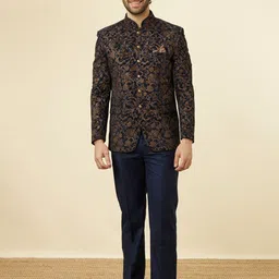 Manyavar Printed Single-Breasted Bandhgala Velvet Blazer Two-Piece Suit-picture-20