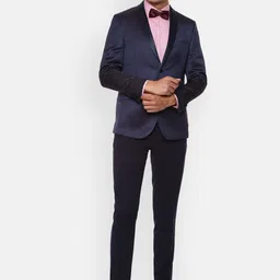 Van Heusen Men Navy Blue Self Design Slim-Fit Two-Piece Formal Suit-image-94
