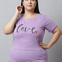 UnaOne Women Plus Size Lavender Typography Printed Slim Fit Pure Cotton T-shirt-image-6