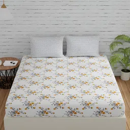 Huesland Grey & White Floral Printed Cotton 144 TC Single Bedsheet with 1 Pillow Covers-image-44