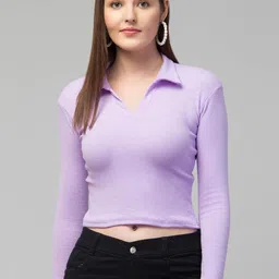 STYLE PREZONE Women Shirt Collar Fitted Crop Top-picture-22